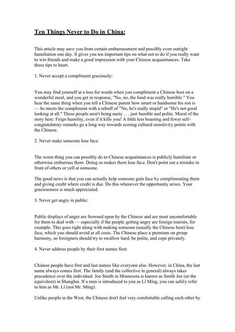 what are ten things never to do in china